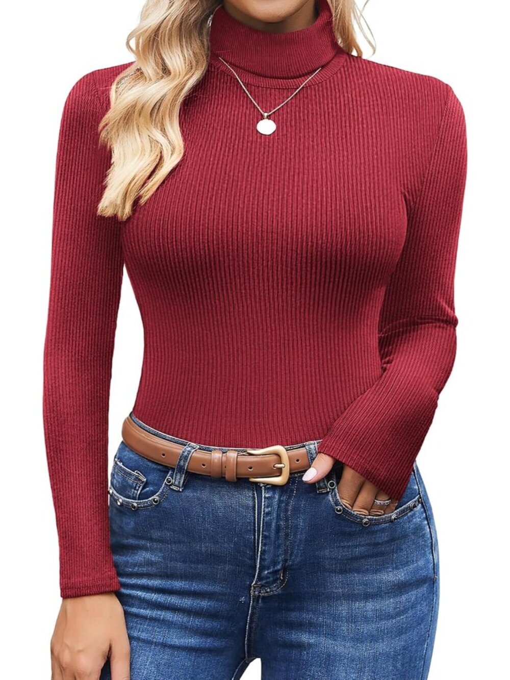 Women's Wine Red Ribbed Knit Mock Turtleneck Long Sleeve Slim Fit Thermal Top